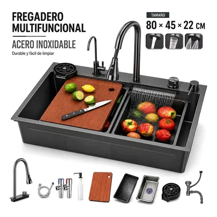 Fregadero para Cocina de Acero Inoxidable Bokoptyr con Grifo Cascada, 80x45 cm y Accesorios
