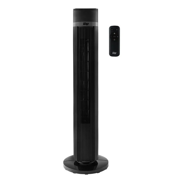 Ventilador de torre WAP Air Silence na cor preta com controle remoto posicionado ao lado