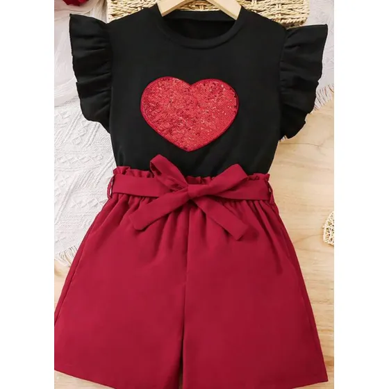 Conjunto Niña Shein Corazón Lentejuelas Franela Short 8 Años