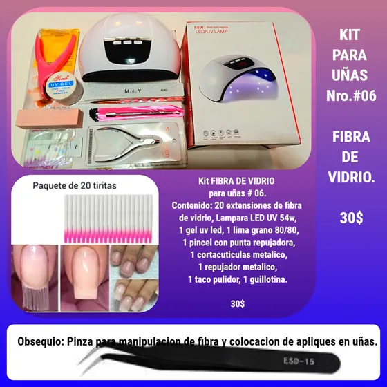 Combo Fibra De Vidrio #06 Para Uñas Con Lámpara Led/uv 54w 