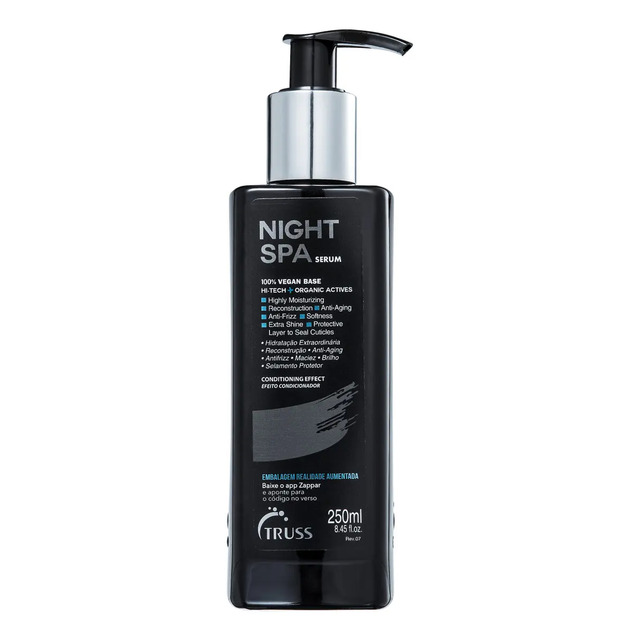 Frasco do sérum capilar Truss Night Spa de 250ml com embalagem preta e válvula pump
