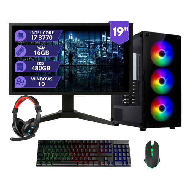 PC Gamer Completo Intel Core i7, RAM, SSD e Monitor 19"