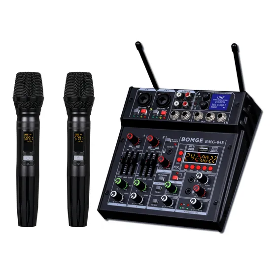 Mezclador De Audio Bomge 04e C/2 Micrófonos Inalámbricos Uhf Color Negro