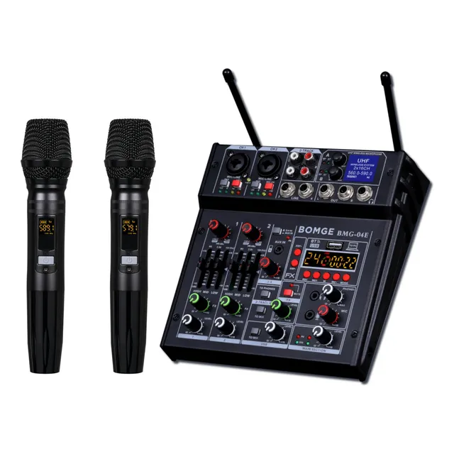 Mezclador De Audio Bomge 04e C/2 Micrófonos Inalámbricos Uhf Color Negro