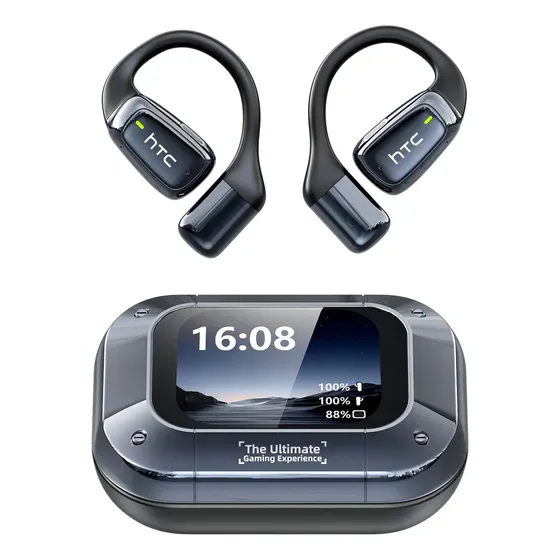 Auriculares Inalambricos Htc Ne25 Ai Audifonos Traductores Con Pantalla Táctil Inteligente Luz Lcd Color Negro Bluetooth 6.0 Audifonos Ows Open Ear Compatible Con Ios Y Android