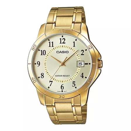 Reloj pulsera Casio Enticer MTP-V004 de cuerpo color dorado, analógico, para hombre, fondo dorado, con correa de acero inoxidable color dorado, agujas color dorado, dial negro, minutero/segundero negr