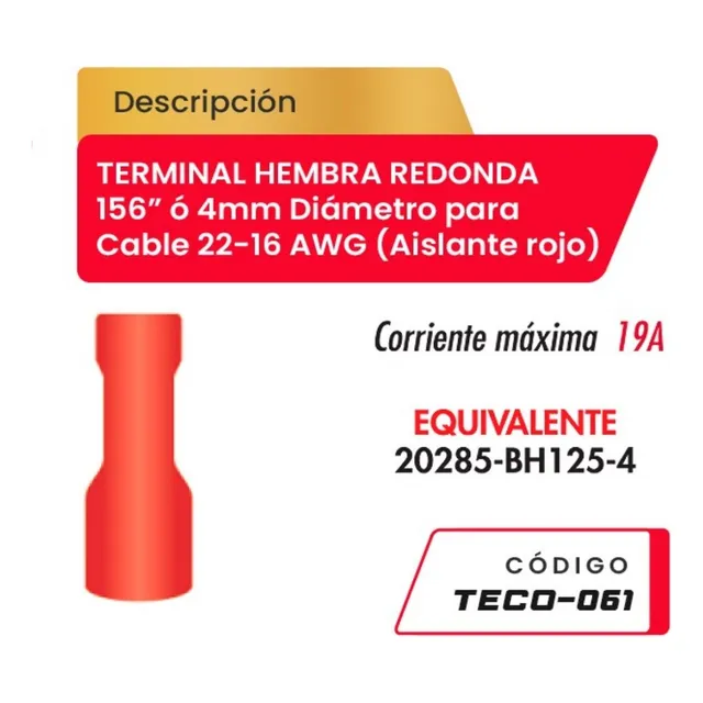 Terminal Hembra Redonda 156  Para Cable 22-16awg Teco-061 