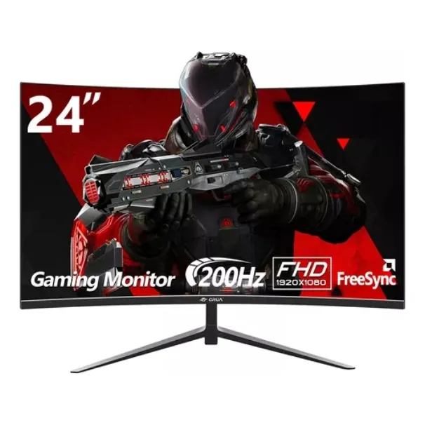 Monitor de 24 pulgadas para juegos, pantalla curva CRUA CR240DM-P, 200 Hz, FHD sincronización libre, FULL VA LED, HDMI, DisplayPort, color negro.