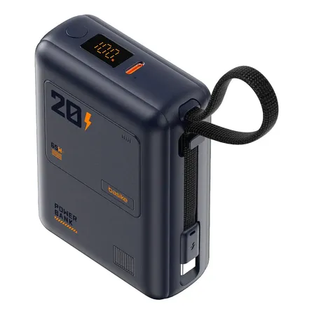 Power Bank 65w, 20000mah, Com Display Carregamento Rápido Power Para Celular Samsung E Motorola E iPhone, 2-saídas Com Cabo Embutido Tipo-c, Com Cabo Rápido(resistência À Tração Superalta), Cor Azul
