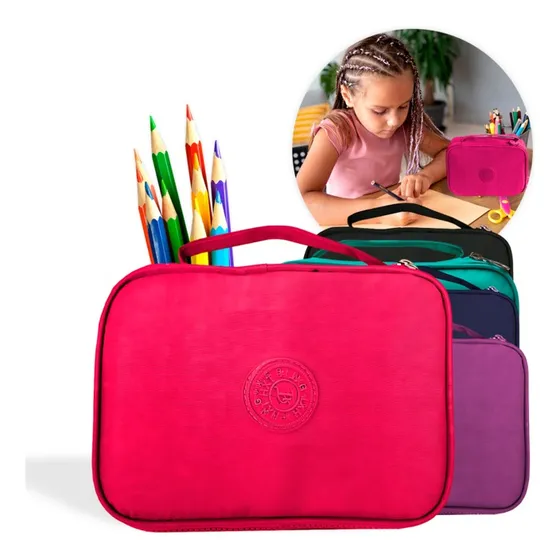 Estojo Escolar Box Grande Organizador Com Divisória Bolsinha