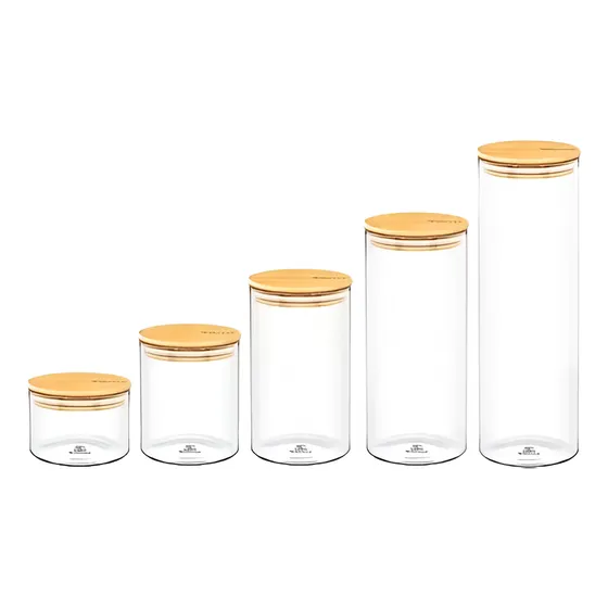 Juego De 5 Frascos Tarro De Vidrio Tapa De Bamboo Wilmax 