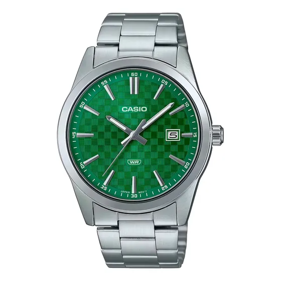 Reloj Casio Hombre Mtp-vd03d-3a1 Fondo Verde Acero Fecha Malla Plateado Bisel Plateado | Cuotas sin interés