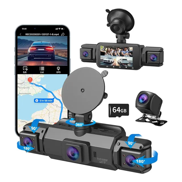 1080p Cámara Para Auto Dash Cam 4 Cámara Gps Wifi + 64gb