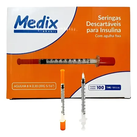 Seringa Insulina 1ml Com Agulha Fixa 8x0,30 30g - 100 Un 1 Ml