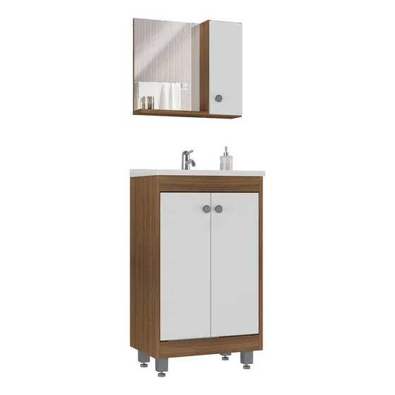 Mueble De Baño Completo - Botiquin Espejo Y Pileta - Toledo Cantidad de agujeros para grifería Un agujero Color de la bacha Blanco Color del mueble Castaño con blanco