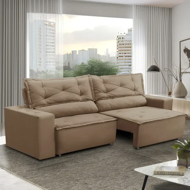 Sofá Retrátil e Reclinável com Molas 1,80m Livia Suede Cor Cappuccino