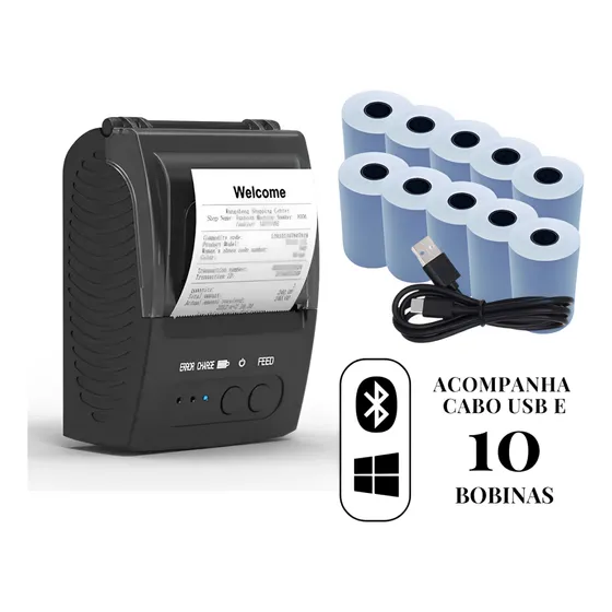 Mini Impressora Termica Usb E Bluetooth Kit C/ 10 Bobinas