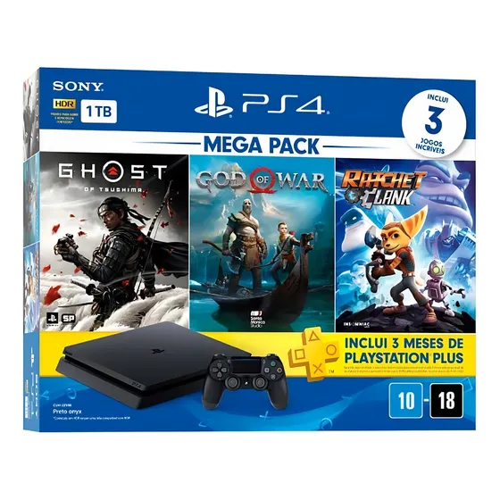 Sony PlayStation 4 Slim PlayStation 4 1TB Mega Pack: Ghost of Tsushima/God of War/Ratchet & Clank cor preto-azeviche