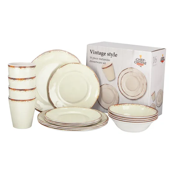 Juego 16 Piezas De Vajilla Melamina Platos Vasos Color Crema Chef Choice