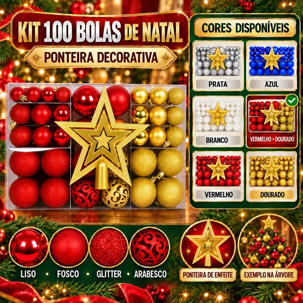 Kit 100 Bolas Natal Lisas/foscas/glitter C/ Ponteira Enfeite Vermelho E Dourado