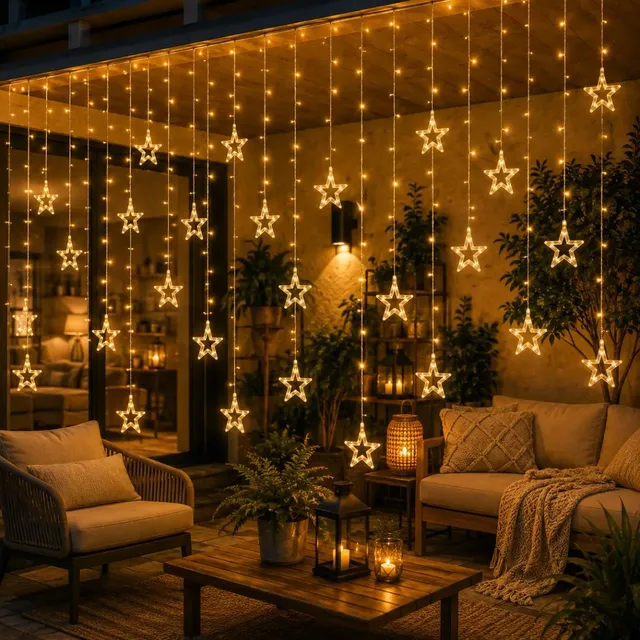 Cascata De Natal Estrelas Bivolt 110 Leds Com 8 Funções Branco Quente 127/220v