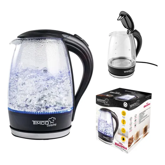 Jarra Eléctrica Timco® Tetera De Vidrio 1.7 Litros Con Luz Led JE-V02 Color Negro