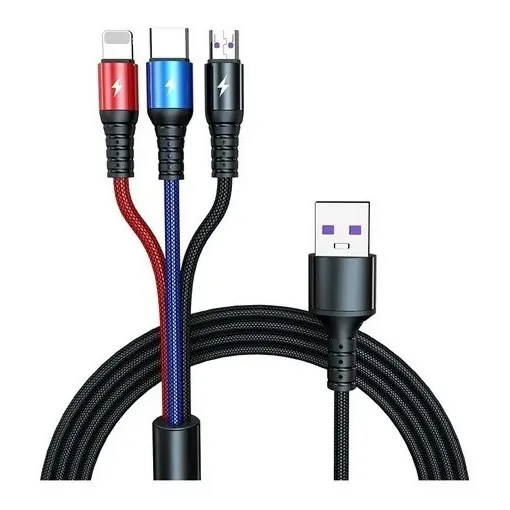 Cable Cargador 3 En 1 Usb Forrado Micro Usb Tipo C V8