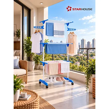 Varal Dobrável De Chão Vertical 3 Andares De Roupas Grande com Rodinha Resistente até 40kg Durável StarHouse