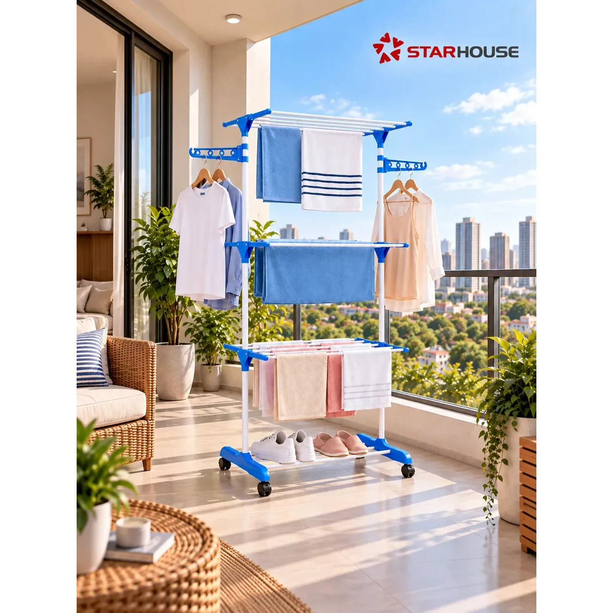 Varal Dobrável De Chão Vertical 3 Andares De Roupas Grande com Rodinha Resistente até 40kg Durável StarHouse