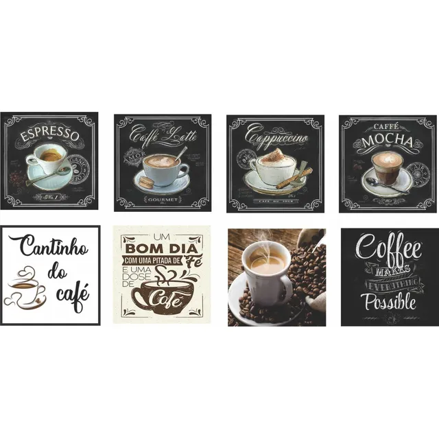 Kit 8 Plaquinhas Decorativas Café Cafeterias Bistrô Padaria 