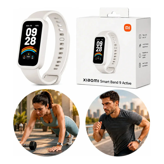 Smartwatch Xiaomi Smart Band 9 Active na cor branca, exibindo a caixa do produto e pessoas utilizando o relógio durante exercícios físicos