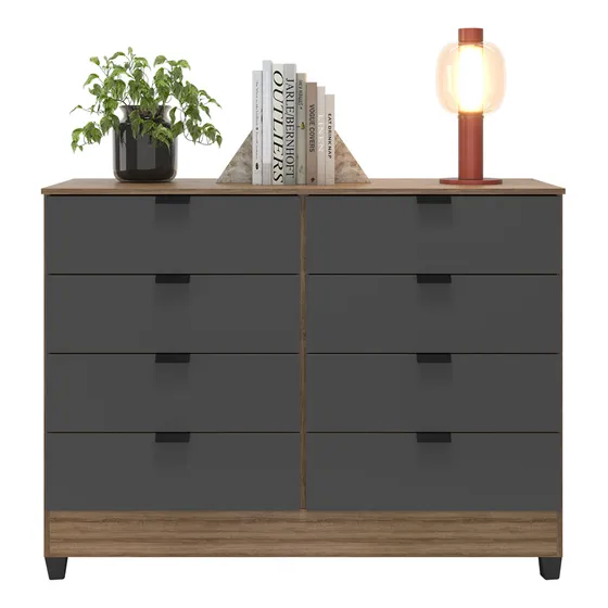 Cômoda Industrial 8 Gavetas P/ Quarto Casal Organizador De Roupas Cor: Cinza Com Madeirado E Design Moderno E Sofisticado Mod. Gk