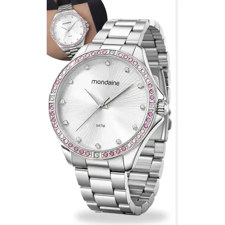 Relógio Mondaine Feminino 32739l0mvne2 Prata Com Cristais Coloridos Quartzo Analógico Prova D'água Prateado