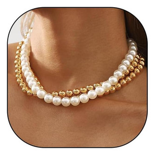 Juego De Gargantilla Con Cuentas Doradas Para Mujer, Collar Juego De Gargantilla Con Cuentas Doradas Para Mujer, Collar