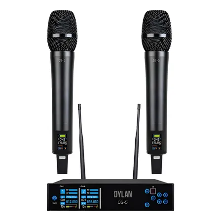 Microfone Dylan Duplo Qs-5 Profissional Sem Fio Dinâmico Mão Preto