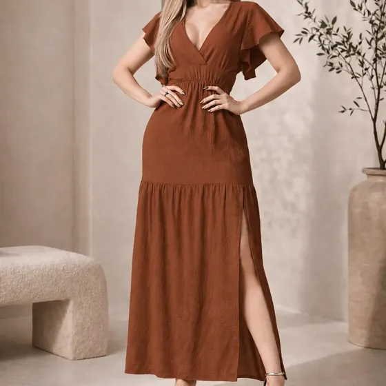 Vestido Longo Feminino Elegante Duna Com Fenda Lateral