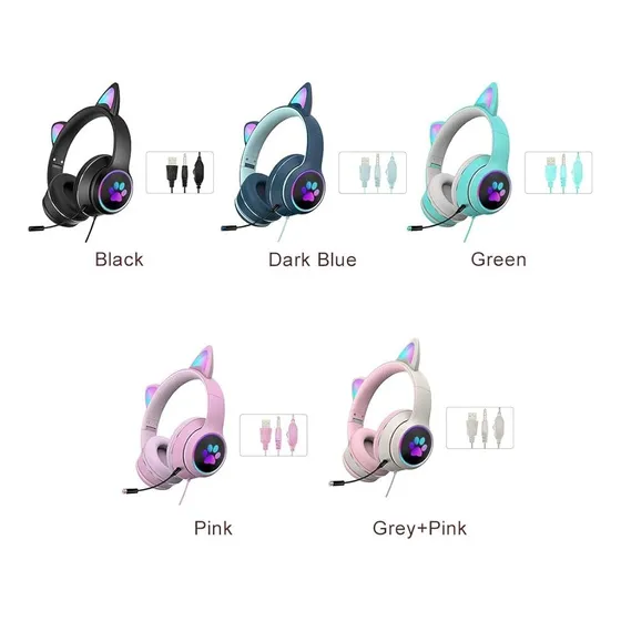 Audífonos Orejas De Gato Luces Led, Bluetooth Y Microfono