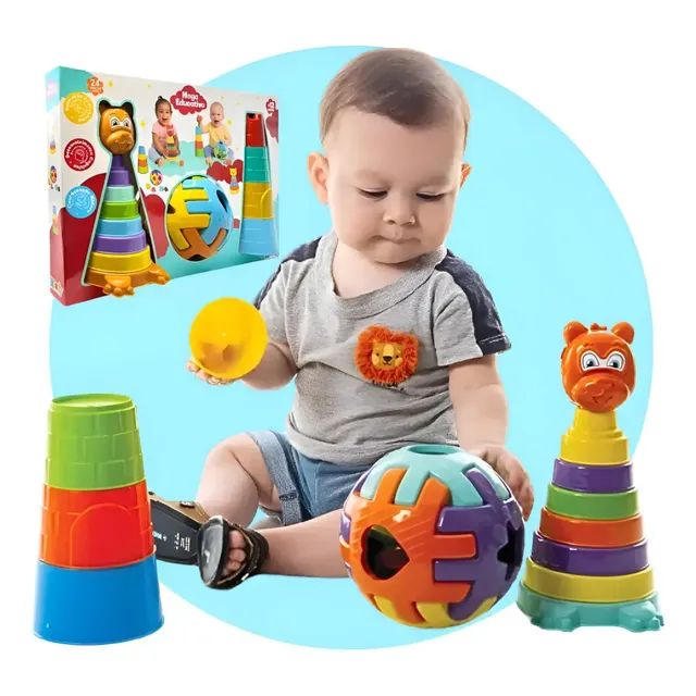 Kit com 3 brinquedos de encaixar e empilhar BE PLACE