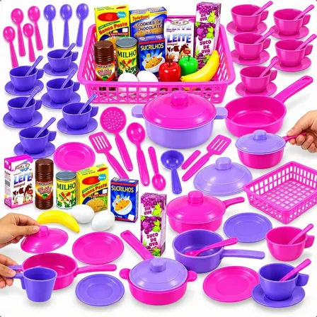Kit Cozinha Brinquedo Infantil 39pçs Panelinhas Comidinhas Rosa-chiclete