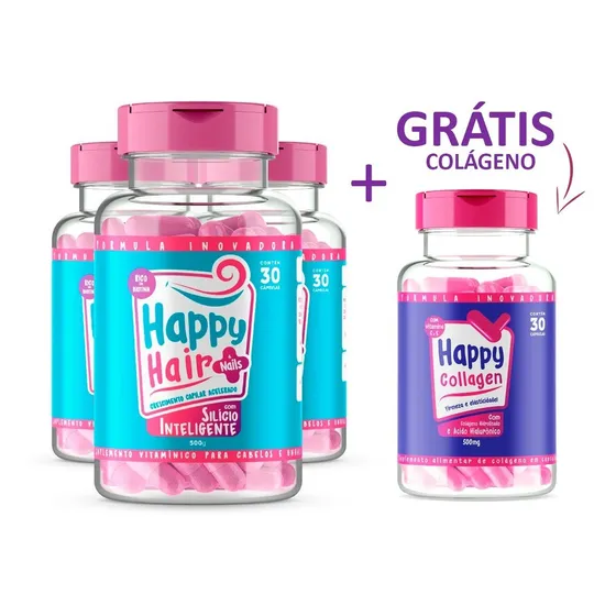 3x Happy Hair + Colágeno Com Ácido Hialurônico