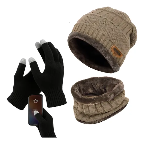 Kit Touca Gorro Lã Forrada + Luva Touch Quente Mexer Celular