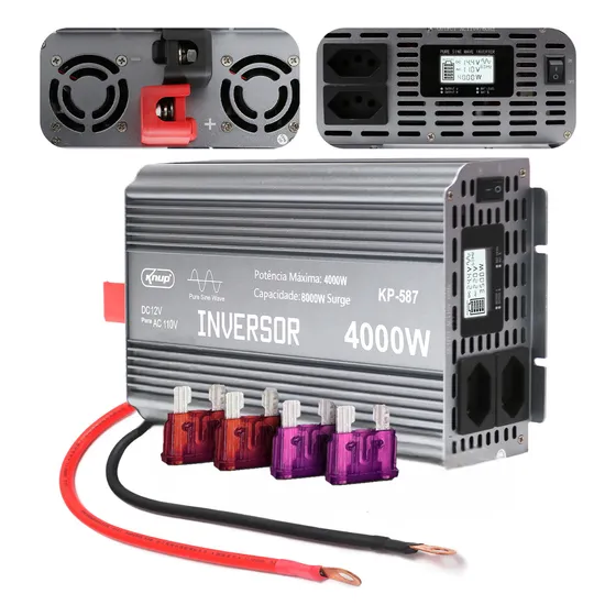 Kit Inversor Conversor De Tensao 12v Para 110v Onda Senoidal Pura 4000w Pico 8000w Tripla Proteção Painel Led Com Indicador Botão Liga/desliga Tomada Universal Acompanha 4 Fusiveis Brinde