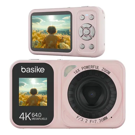 Câmera Digital Basike 4k 64mp Dual Screen Tela Frontal 2.8 Tela Traseira 1.4 Compacta Portátil Com Zoom Óptico 18x Cor Rosa