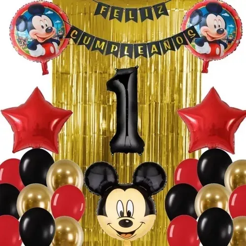 Kit Decoración Cumpleaños Mickey Mouse Cortina Rojo Dorado