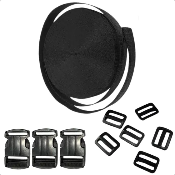 Fita Ca 40mm 10mt + 10 Fecho Fivela 10 Reguladores Preto