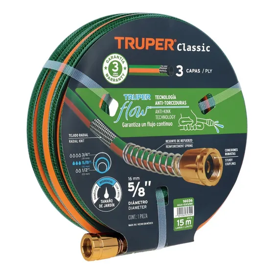 Manguera Ø 5/8 PuLG. X 15 Ml, 3 Capas Con Conexiones, Truper