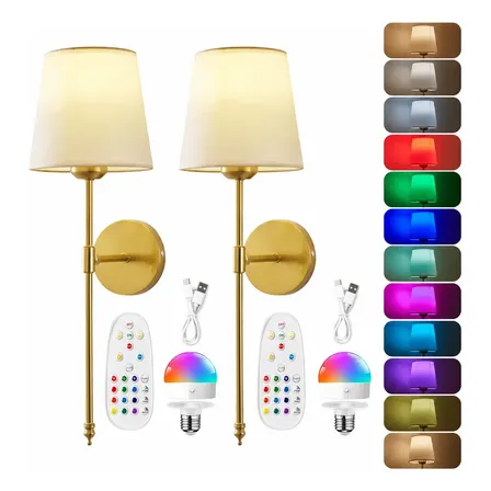 Arandela de Parede LED Kit 2 Douradas sem Fio Recarregável com Controle Remoto