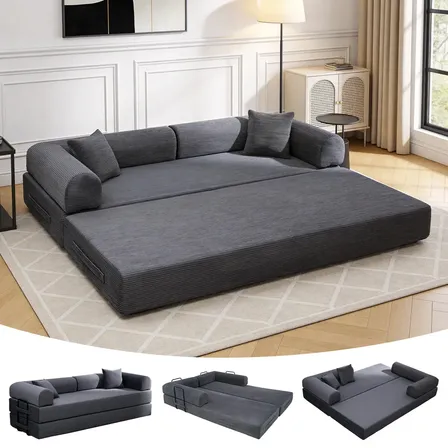 Sofá Cama Modular de Veludo Cotelê Cinza p/ 3 Pessoas, Com Espuma de Alta Densidade e Capa Removível
