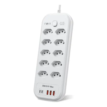 Filtro De Linha Régua Extensão 10 Tomadas Com 3 Usb E 2 Pd Branco 127/220v