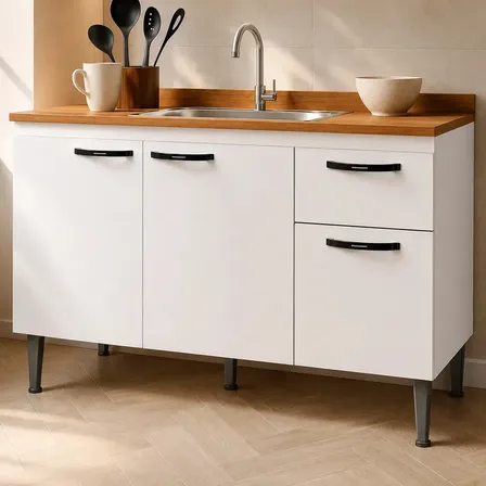 Gabinete de Pia 1,20 Balcão de Cozinha Multiuso 3 Portas Armário de Pia Armário de Cozinha 120x80x52cm Organizador para Pia Cor Branco Ideal para cozinha compacta e área de serviço Porta Panela Branco